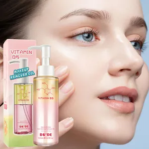 Close-up of Vitamin B5 makeup remover oil bottle and box with a model showing radiant skin
