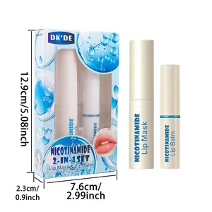 DK'DE 2-in-1 lip mask and lip balm set with detailed product dimensions and packaging