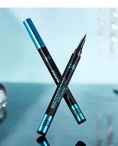 Close-up of two black waterproof eyeliners with precision brush tips and blue metallic caps.