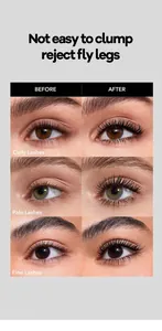 Mascara before and after comparison showing lengthening and curling effects on lashes
