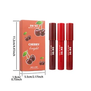 DK'DE Kirsch-Matt-Lippenstift-Set mit 3 Nuancen und detaillierten Produktabmessungen