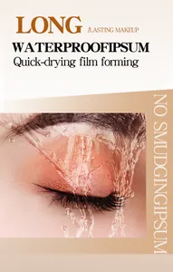 Close-up of eye with waterproof mascara and eyeliner shown under splashing water