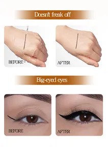 Close-up of waterproof eyeliner and mascara before and after application effect