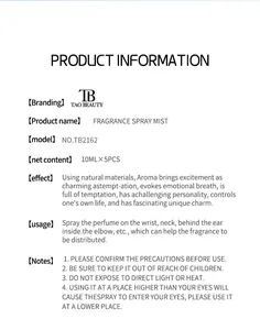 Dettagli sulle specifiche del prodotto e istruzioni per l'uso dello spray mist.