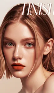 Professional close-up showing matte orange-red chocolate lip glaze effect on model's lips