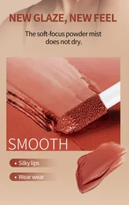 Close-up detail of chocolate matte lip glaze with soft-focus powder mist texture