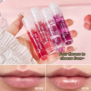 Hydraterende MEIDIAN fruit lippenolie set met vier smaken en voor en na resultaten