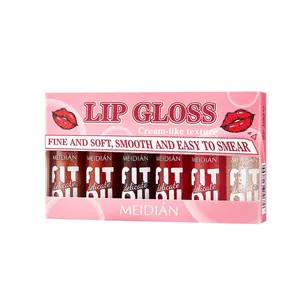 Professional MEIDIAN 6-piece long-lasting glossy lip gloss set in a vibrant pink box