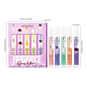 Set de 5 brumas perfumadas MEIDIAN con empaque floral y dimensiones detalladas del producto
