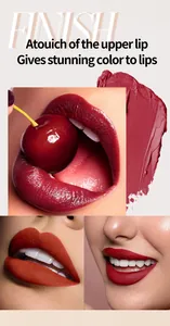 Macro detail of matte chocolate lip glaze showing vibrant red shades and smooth texture