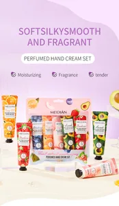 Detail shot of 5-piece fruit extract moisturizing perfumed hand cream set in 30g tubes.