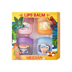 Set de 4 bálsamos labiales MEIDIAN con tema tropical para hidratación de labios.