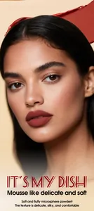 Close-up of a matte lipstick application on a model showing soft mousse texture.