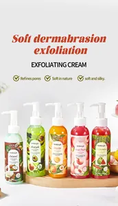 Five fruit-flavored exfoliating creams on a wooden tray, showing variety and pump design