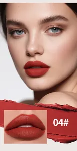 Detailed view of matte red lip glaze shade 04 with texture smear and model effect