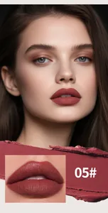 Macro view of matte chocolate lip glaze in shade 05# showing texture and lip application