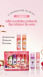Close-up of Bosuya fruit-flavored moisturizing lip balm set featuring six different scents