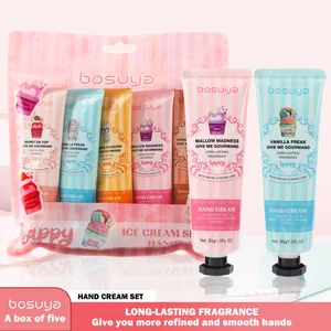 Detailed view of the Bosuya hand cream set featuring five assorted tubes in a bag