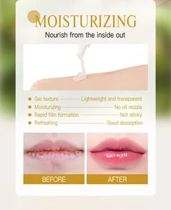Makroaufnahme der feuchtigkeitsspendenden Lippengel-Textur mit Vorher-Nachher-Ergebnis