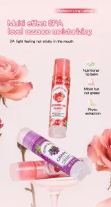 Macro detail view of Bosuya strawberry and grape moisturizing lip balm sticks with roses