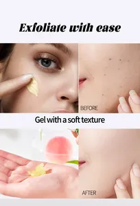 Detailed view showing soft exfoliating gel texture and before-after skin results.
