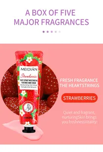 Macro view of Meidian strawberry scented moisturizing hand cream for daily care