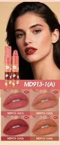 Detail of MEIDIAN 4-in-1 lipstick pen showing four different matte shades on lips