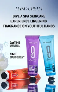 Detail showing Bosuya hydrating hand cream tubes for day and night spa skin care