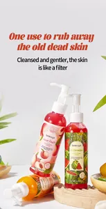 Detailed view of Bosuya fruit-scented exfoliating cream bottles with peach and watermelon