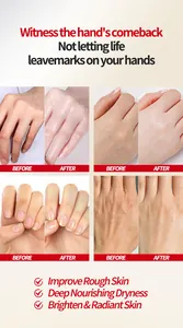 Comparaison avant-après de la crème pour les mains montrant une peau plus lisse et éclatante