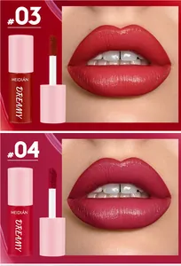 Close-up detail of MEIDIAN matte lip gloss shades #03 and #04 on lips with applicator
