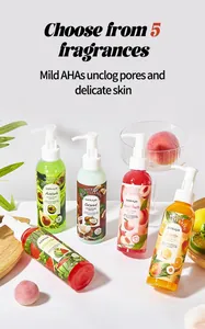 Detailed view of Bosuya exfoliating body creams in five fruit scents for skin nourishment