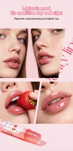 Close-up of glossy pink lip balm application with Bosuya peach flavored tube.