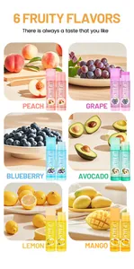 Macro view of 6 fruity lip balm flavors featuring peach, grape, and avocado themes