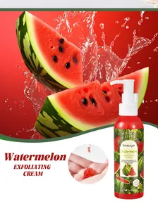 Detail showing the watermelon exfoliating cream texture and themed packaging design