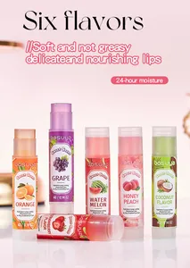Detailed view of six Bosuya fruit lip balms for 24-hour long-lasting lip hydration