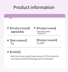 Detailed product information card for MEIDIÁN perfumed moisturizing hand cream set 30g.