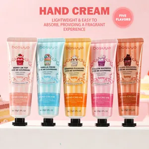 Detailed view of Bosuya moisturizing hand cream set in five fragrant gourmand flavors
