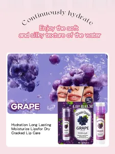 Detail of grape lip balm showing moisturizing effect on lips and natural ingredients.