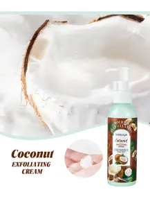 Professional close-up of Bosuya coconut body exfoliating cream texture and bottle