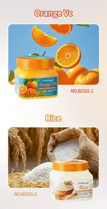 Detalle de los botes de exfoliante de azúcar Bosuya Orange Vc y Rice con atrezzo