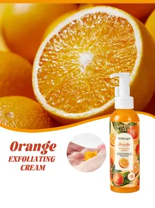 Close-up of orange exfoliating cream texture and bottle with fresh orange background