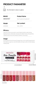 Detailed technical parameters and dimensions for MEIDIÁN 10-piece non-transfer lip gloss set
