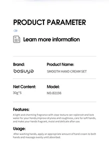 Specifications for the Bosuya 5-piece smooth moisturizing fragrance hand cream set.