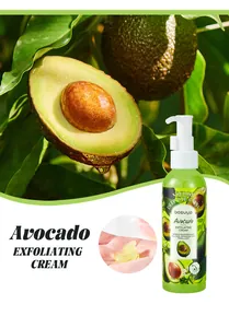 Detail view of Bosuya avocado exfoliating cream texture alongside fresh sliced fruit