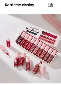 Detailed view of the 10-piece MEIDIAN non-transfer lip gloss set with various red shades.