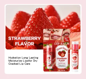 Detail view of Bosuya strawberry lip balm stick and packaging for dry lip care.