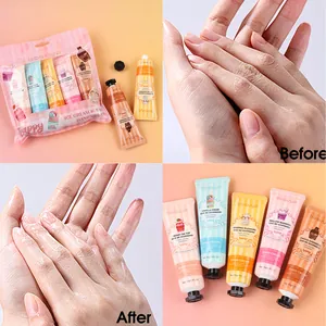 Detail view of Bosuya hand cream set showing before and after moisturizing effects