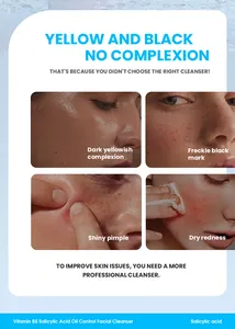 Detailed view of Vitamin B5 and Salicylic Acid cleanser targeting four common skin issues.