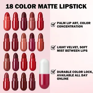 Complete 18-color matte capsule lipstick set with vibrant long-lasting waterproof shades